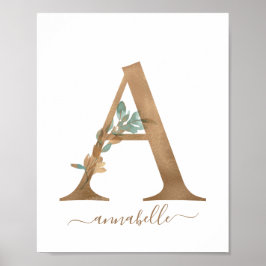Monogram Watercolor Floral Gold Letter A Poster