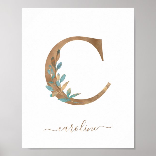 Monogram Watercolor Floral Gold Letter C Poster (Vorne)