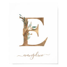 Monogram Watercolor Floral Gold Letter E Poster
