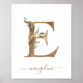Monogram Watercolor Floral Gold Letter E Poster
