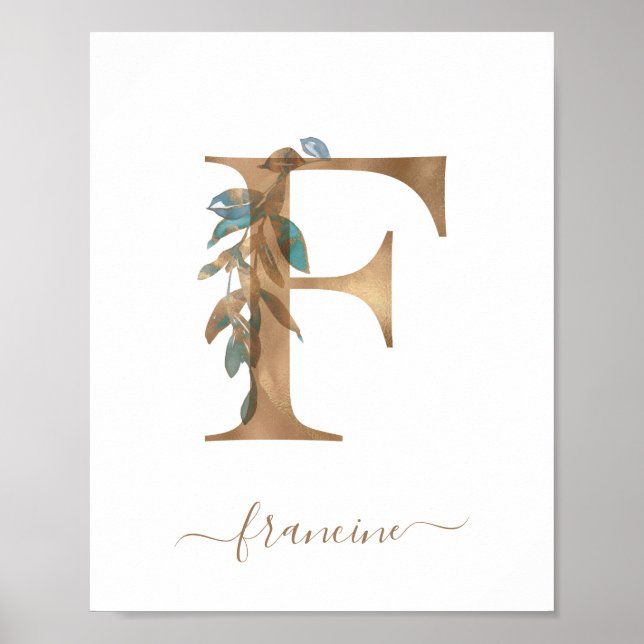 Monogram Watercolor Floral Gold Letter F Poster (Vorne)