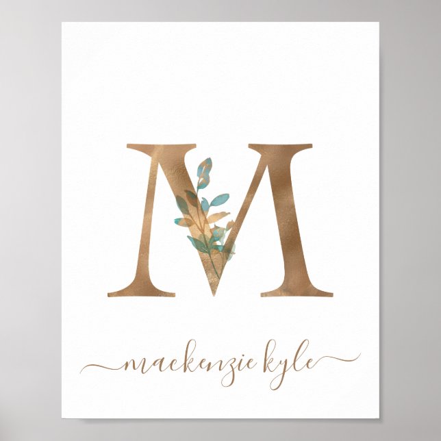 Monogram Watercolor Floral Gold Letter M Poster (Vorne)