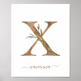 Monogram Watercolor Floral Gold Letter X Poster