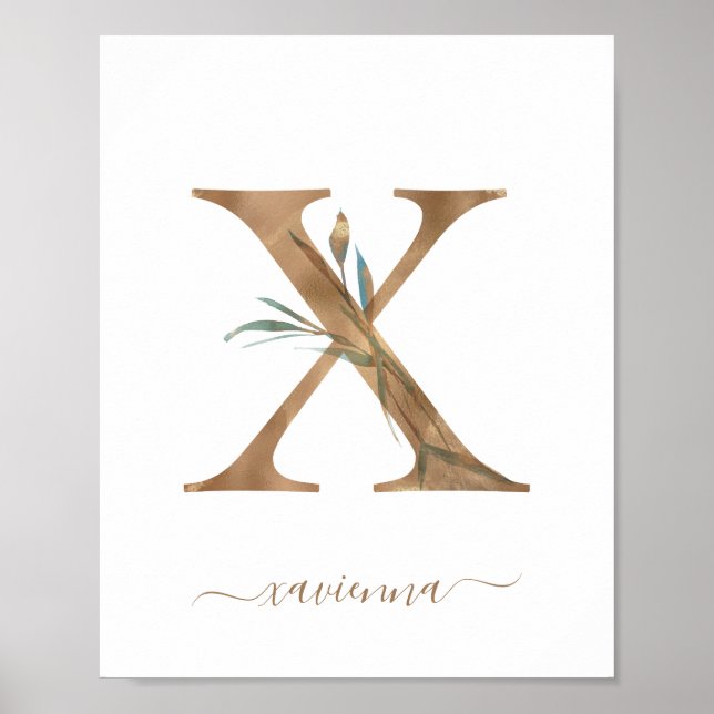 Monogram Watercolor Floral Gold Letter X Poster (Vorne)