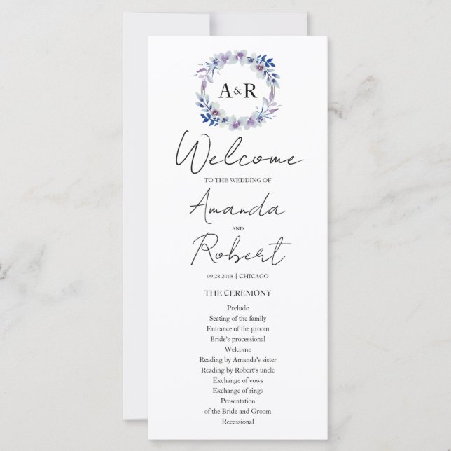 Monogram Watercolor Floral Wedding Program (Vorderseite)