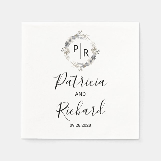 Monogram Watercolor Floral Wedding Serviette (Vorderseite)