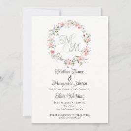 Monogram Watercolor Floral Wreath Wedding Einladung