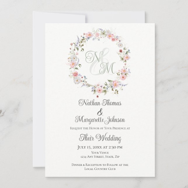 Monogram Watercolor Floral Wreath Wedding Einladung (Vorderseite)