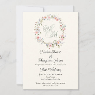 Monogram Watercolor Floral Wreath Wedding Einladung