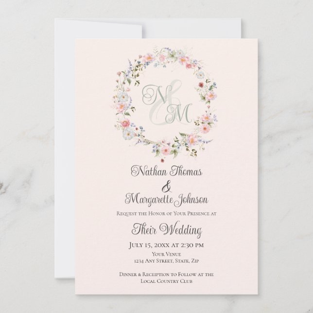 Monogram Watercolor Floral Wreath Wedding Einladung (Vorderseite)