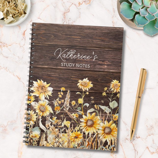 Monogram Watercolor Gelbe Sonnenblumenfelder Holz Notizblock (In situ)