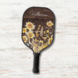 Monogram Watercolor Gelbe Sonnenblumenfelder Holz Pickleball Schläger