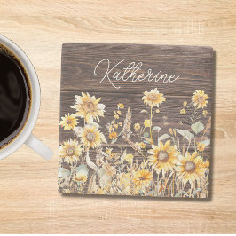 Monogram Watercolor Gelbe Sonnenblumenfelder Holz Steinuntersetzer