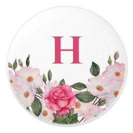 Monogram Watercolor Gentle Pink White Roses Keramikknauf