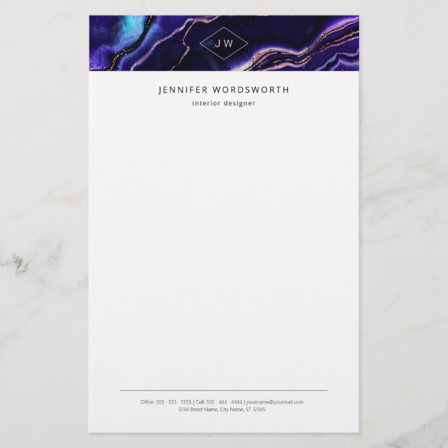 Monogram Watercolor Geode Deep Blue Lila Agate Briefpapier (Vorderseite)