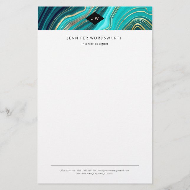 Monogram Watercolor Geode Green Agate Malachite Briefpapier (Vorderseite)