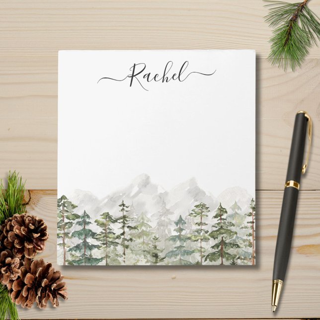 Monogram Watercolor Green Pine Forest on Mountain Notizblock (In situ)