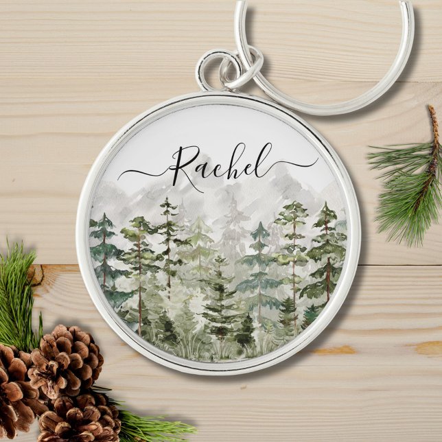 Monogram Watercolor Green Pine Forest on Mountain Schlüsselanhänger (Close up)