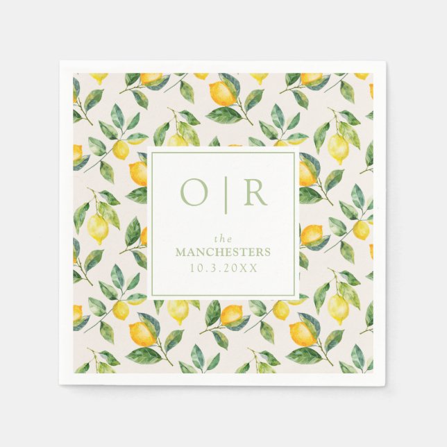 Monogram Watercolor Lemon Wedding Serviette (Vorderseite)