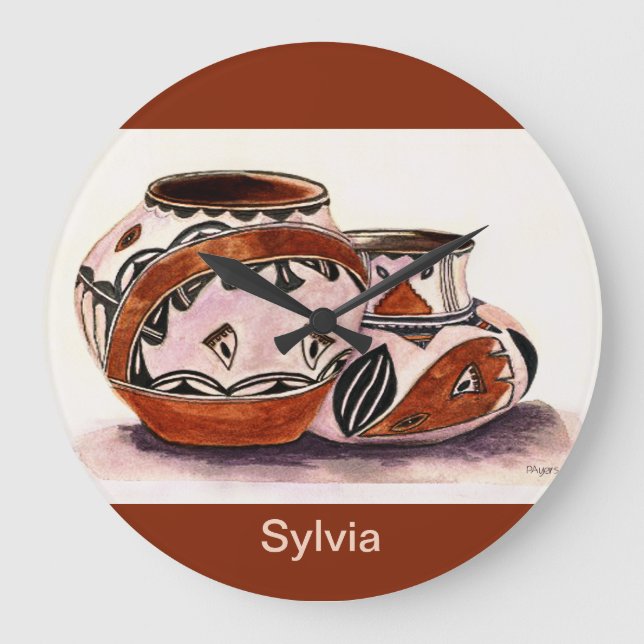 Monogram Watercolor Native American Potterie Art Große Wanduhr (Vorderseite)