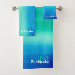 Monogram Watercolor Ocean Blue Green Ombre Beach Badhandtuch Set