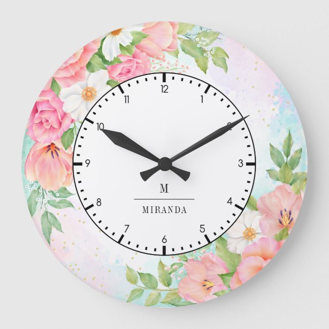 Monogram Watercolor Ombre Blumengrün Rosa Große Wanduhr (Vorderseite)