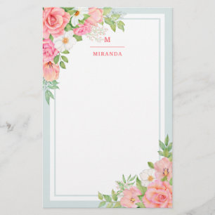 Monogram Watercolor Ombre Blumengrün Rose Briefpapier