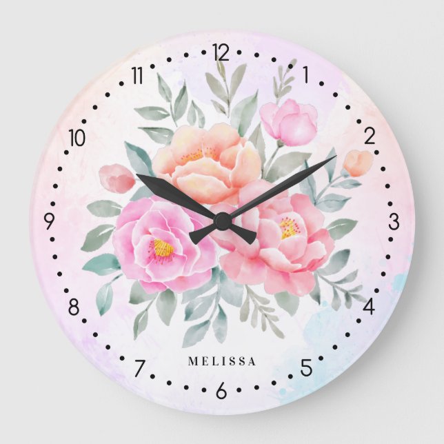 Monogram Watercolor Ombre Roses Peongs Große Wanduhr (Vorderseite)
