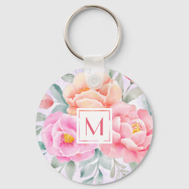 Monogram Watercolor Peonies Roses Pink Floral Boho Schlüsselanhänger