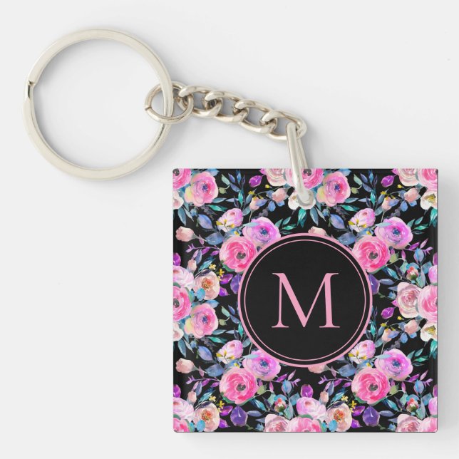 Monogram Watercolor Pink Black Floral Schlüsselanh Schlüsselanhänger (Vorderseite)