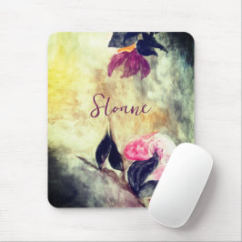Monogram Watercolor Pink Blume Schwarze Blätter Mousepad