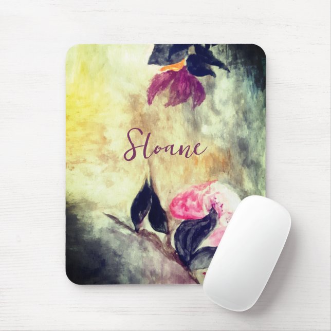 Monogram Watercolor Pink Blume Schwarze Blätter Mousepad (Mit Mouse)