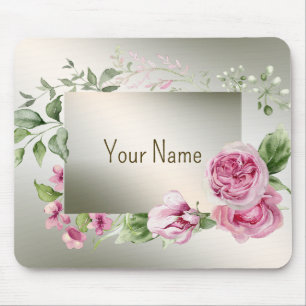 Monogram Watercolor Pink Floral Frame Shiny Bronze Mousepad