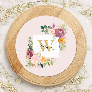 Monogram Watercolor Rose Gold Blume Floral Runder Aufkleber