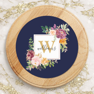 Monogram Watercolor Rose Gold Blume Floral Runder Aufkleber