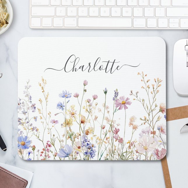 Monogram Watercolor Rustic Pretty Wildflower Field Mousepad (In situ)
