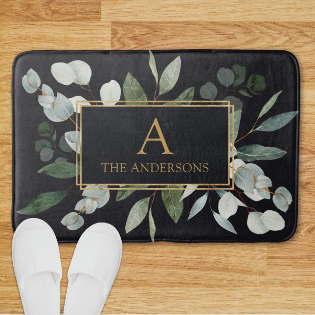 Monogram Watercolor Tropical Green Leaves Black Badematte (In situ)