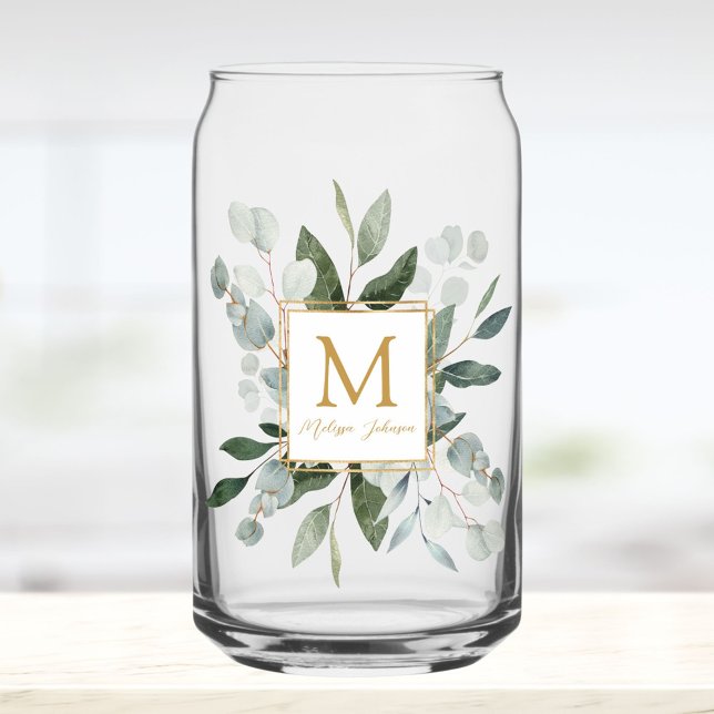 Monogram Watercolor Tropical Green Leaves Dosenglas (In situ)