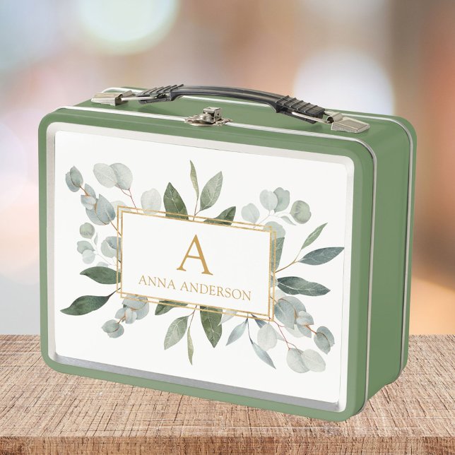 Monogram Watercolor Tropical Green Leaves Metall Brotdose (In situ)