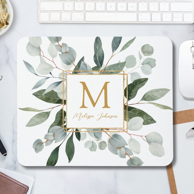 Monogram Watercolor Tropical Green Leaves Mousepad (In situ)
