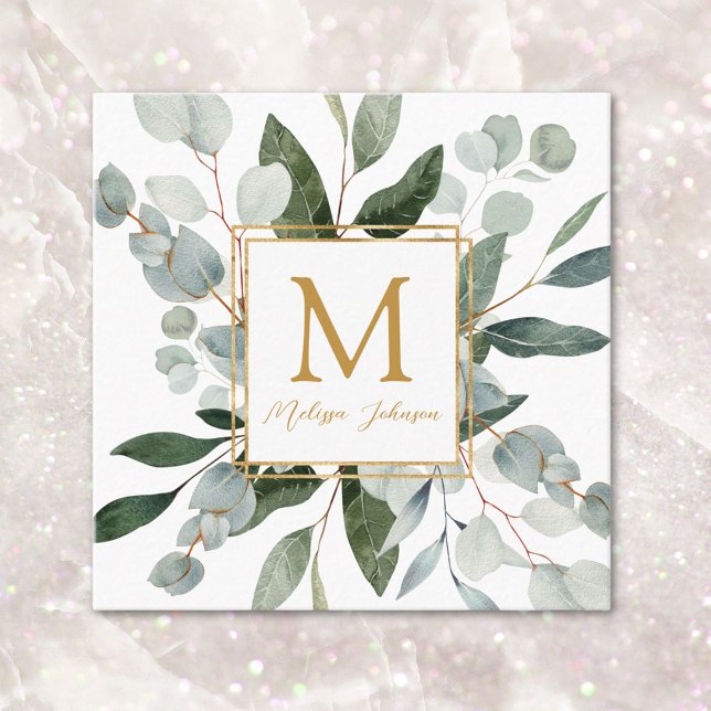 Monogram Watercolor Tropical Green Leaves White Quadratische Visitenkarte (In situ)