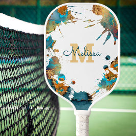 Monogram Watercolor Türkise Gold Orange Spritzer Pickleball Schläger
