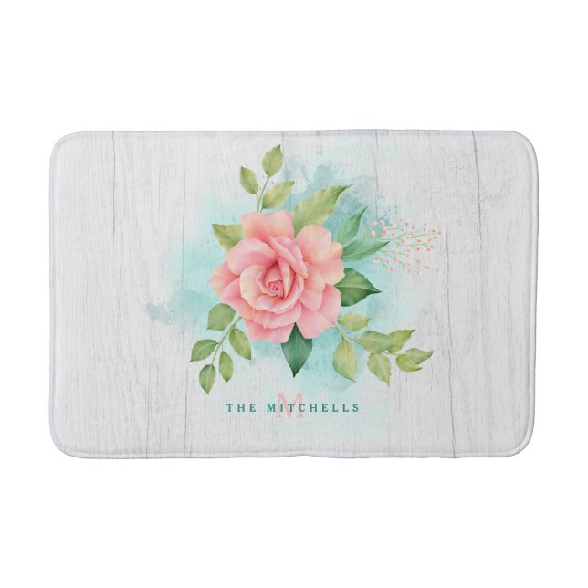 Monogram Watercolor Türkise Ombre Pink Rosa Rose Badematte (Vorderseite)