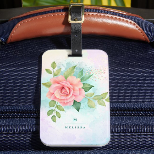 Monogram Watercolor Türkise Ombre Pink Rosa Rose Gepäckanhänger (Vorderseite Insitu 2)