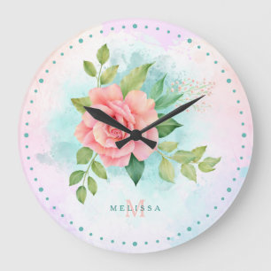 Monogram Watercolor Türkise Ombre Pink Rosa Rose Große Wanduhr