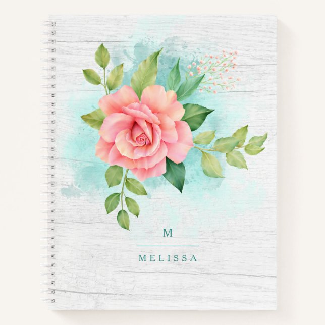 Monogram Watercolor Türkise Ombre Pink Rosa Rose Notizbuch (Vorderseite)