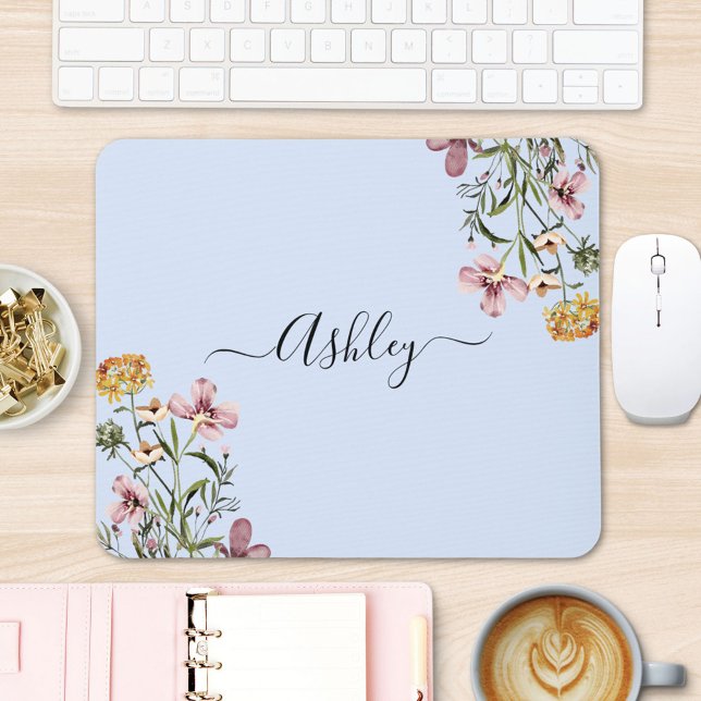 Monogram Watercolor Wildblume Bouquet #1 Mousepad (In situ office desk)