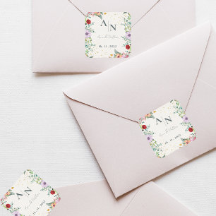 Monogram Watercolor Wildblumen Blumenhochzeit Quadratischer Aufkleber