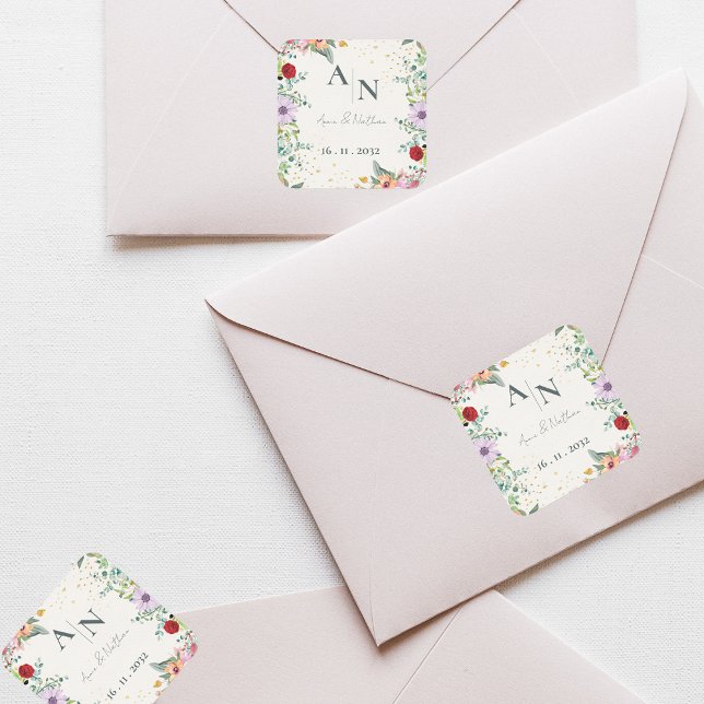 Monogram Watercolor Wildblumen Blumenhochzeit Quadratischer Aufkleber (Monogram Watercolor Wildflowers Floral Wedding Square Sticker)