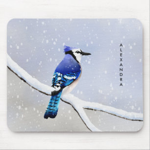 Monogram Watercolor Winter Snow Bird Blue Jay Mousepad